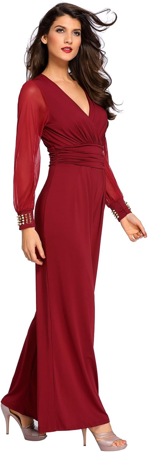shelovesclothingWomen's New Black Mesh Plunge Long Sleeve Embellished Jumpsuit (18, Wine)