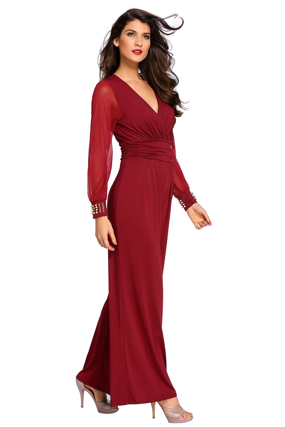 shelovesclothingWomen's New Black Mesh Plunge Long Sleeve Embellished Jumpsuit (18, Wine)