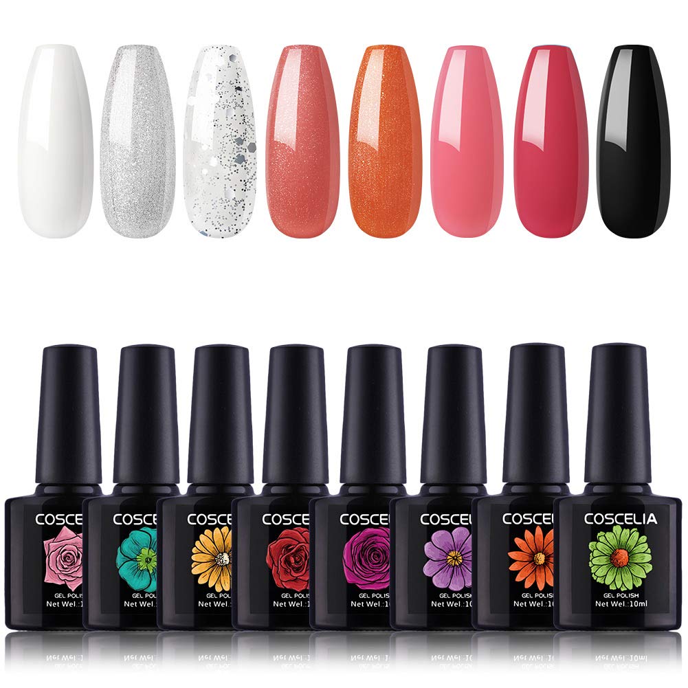 Coscelia Gel Nail Polish Kit 8 Pcs Gel Nail Polish Set Glitter Nude Gel Polish Starter Kit U V LED Soak Off Gel Polish Kit for Home Party Nail Salon Nail Art : Beauty