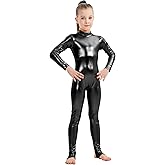 YgneeDom Girls Shiny Metallic Long Sleeve Unitard Spandex One Piece Wet Look Kid Bodysuit