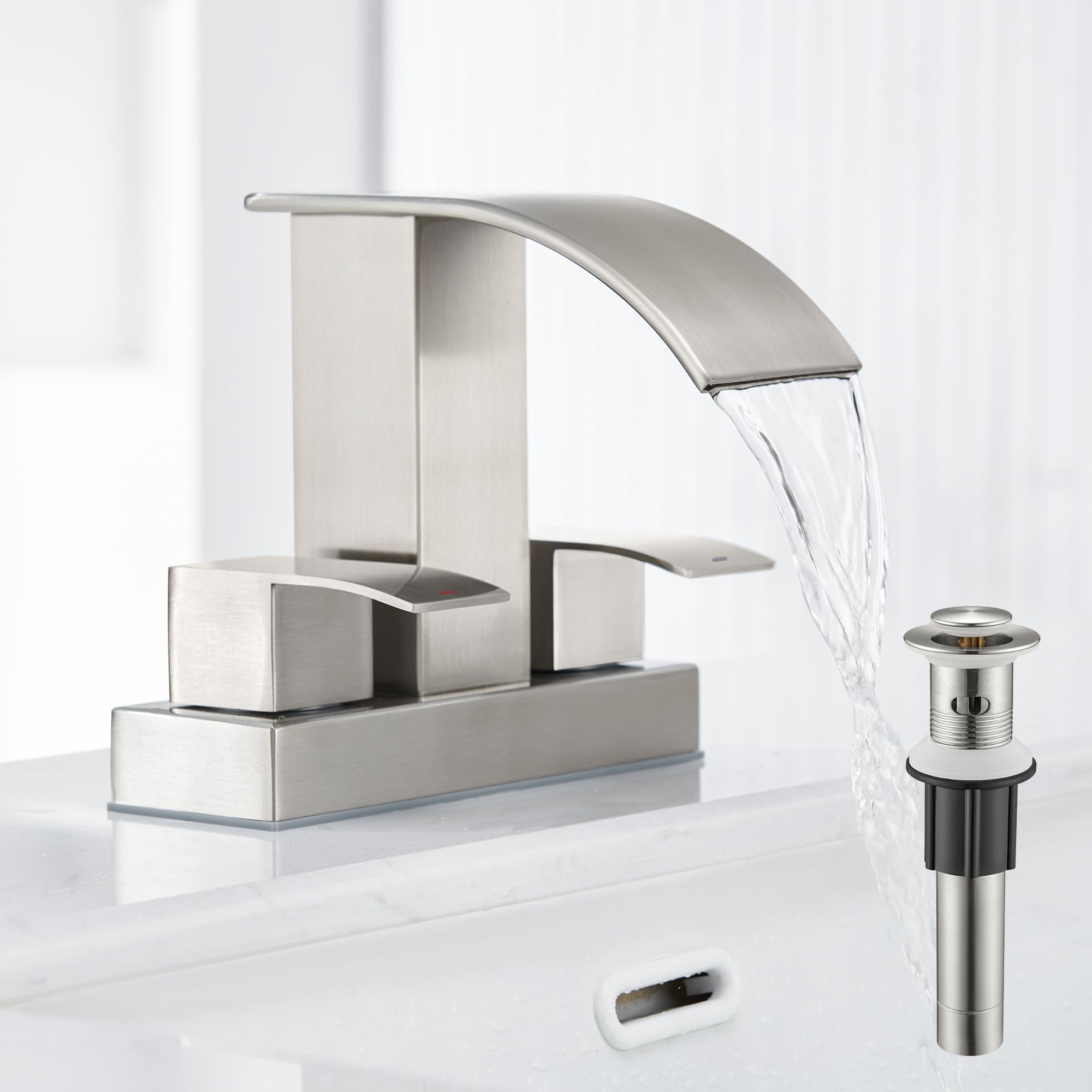 Photo 1 of Waterfall Bathroom Sink Faucet Set with Pop Up Drain Stopper & Supply Lines - 4 Inch 2 Handles Centerset Faucet 2 or 3 Hole Lavatory Faucet Bathroom Vanity Mixer Tap Basin Faucets Brushed Nickel