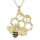 YONFQE Bee Necklace Sterling Silver Honeycomb Pendant Bumble Bee Jewelry Gifts for Women