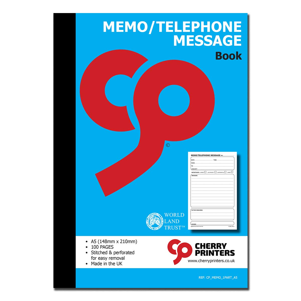 Cherry Printers | Memo & Telephone Message Book A5 | 100 Pages of 80gsm | Stitched & Perforated for easy removal | Office & Business Communication Log | Record Calls, Messages & Notes