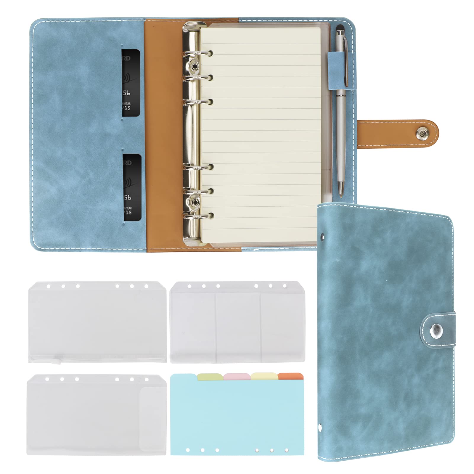 FYY Leather A6 Ring Binder Notebook, 6 Ring Binder with A6 Refill Papers, Binder Pockets and Subject Dividers Paper Sheet, Travel Binder Journal Personal Planner with Ring Binder Cyan