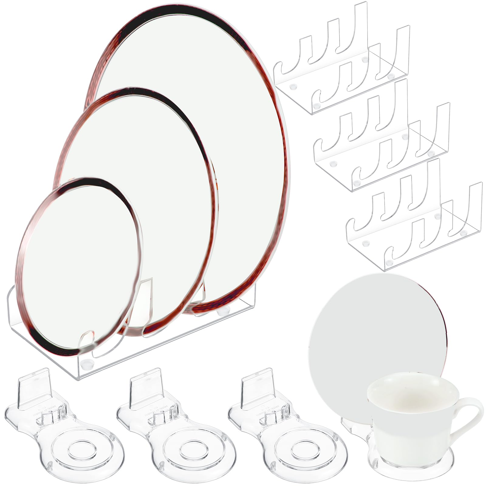 Photo 1 of Domensi 2 Pcs 3 Tiers Acrylic China Plate Display Stand Clear Dinnerware Easel Plate Holder for Display with 2 Pcs Transparent Plastic Tea Cup Stand for Kitchen Utensils Tableware