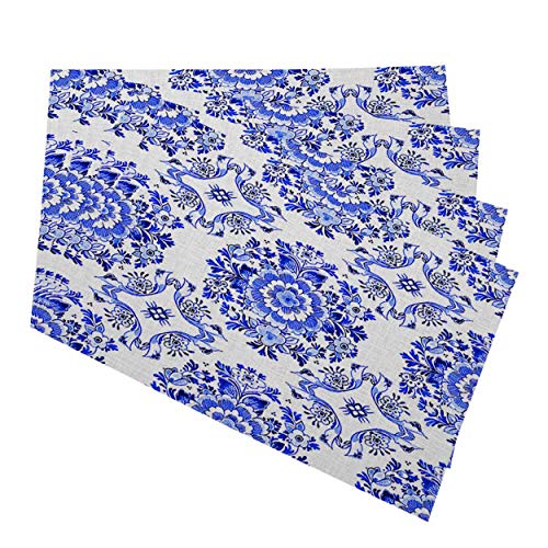 Mugod Placemats White Blue Watercolor Dutch Floral Tiled Flowers in Circular Rosette Cobalt Decorative Heat Resistant Non-Slip Washable Place Mats for Kitchen Table Mats Set of 4 12"x18"