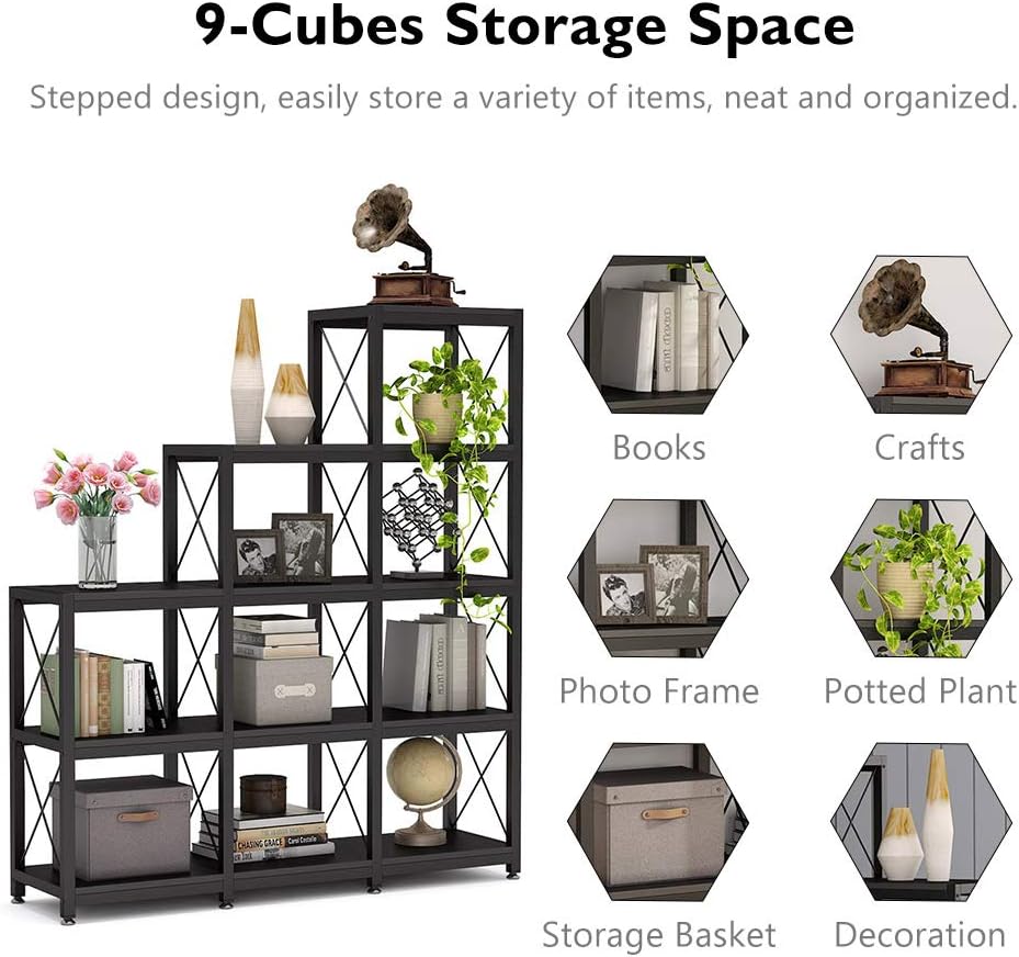 Tribesigns 12 Shelves Bookshelf, Industrial Ladder Corner Bookshelf 9 Cubes Stepped Etagere Bookcase, Rustic 5-Tier Display Shelf Storage Organizer for Home Office (Black): Kitchen & Dining