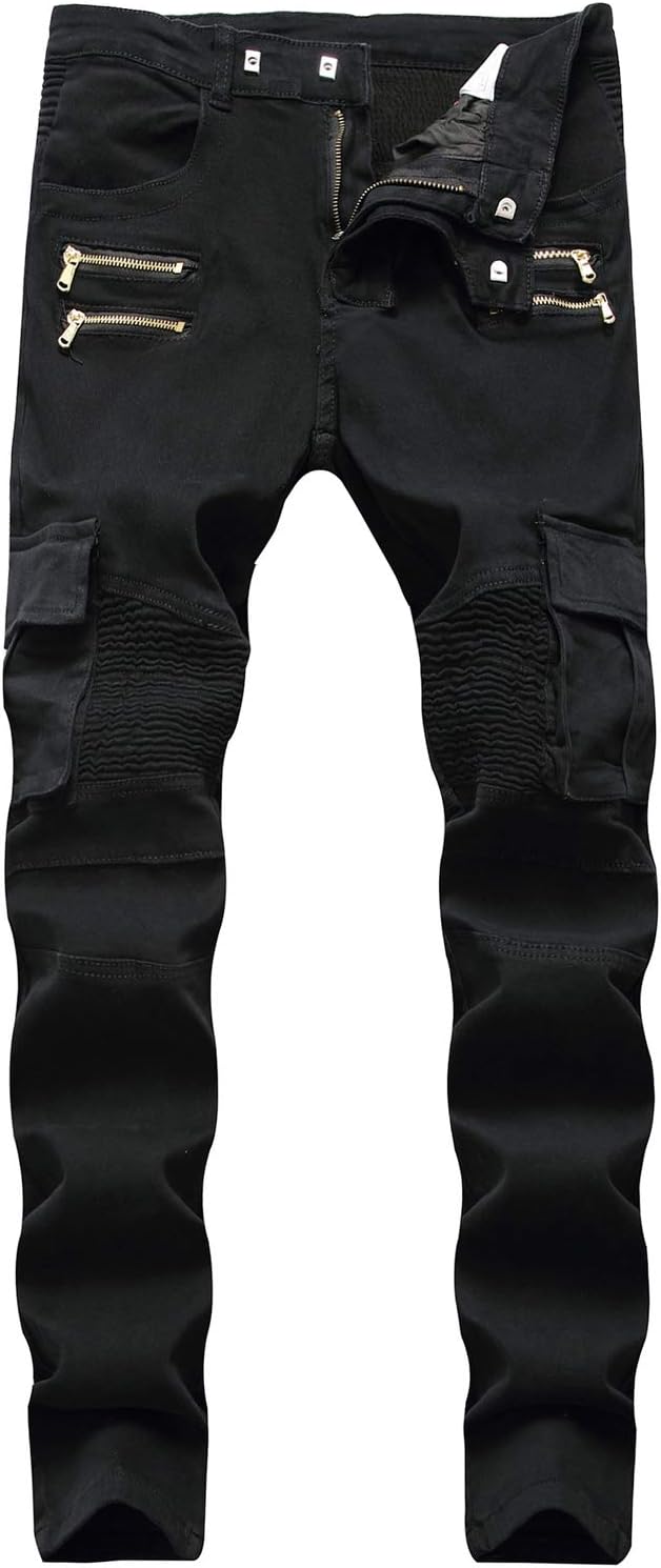 HENGAO Men's Moto Biker Slim fit Stretch Jeans with Side Pockets