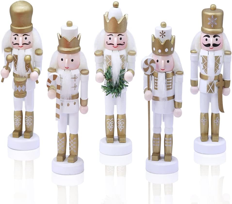 Nutcrackers - Jolik 5 PCS Christmas Nutcracker Ornament Set, Nutcracker Figures with Opening Mouths Christmas Decorations for Xmas Tree, Table Decor - White Gold