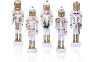 Jolik 5 PCS Christmas Nutcracker Ornament Set, Nutcracker Figures with Opening Mouths Christmas Decorations for Xmas Tree, Table Decor (White Gold, 5.3'', Set of 5pcs)