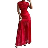 GORGLITTER Women's Mesh Bodycon Maxi Dress Mock Neck Cap Sleeve Wedding Guest Cocktail Birthday Dinner Going Out Dress