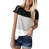 Womens Crew Neck Short Sleeve Tees Color Block Striped T-Shirt Casual Loose Fashion Tee Tops