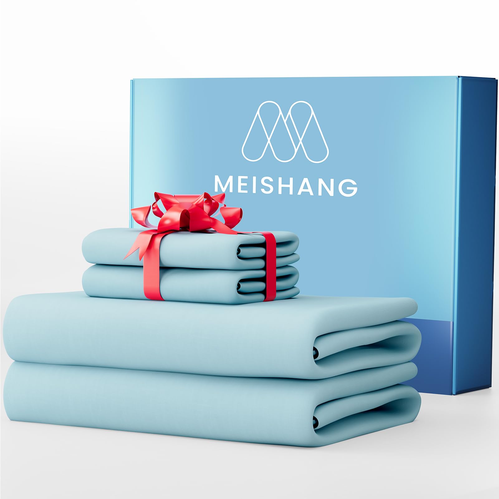 MEISHANG 1000 Thread Count Cotton Sheets California King - 100% Egyptian Cotton, Sateen Weave, Soft & Breathable, Oeko-Tex Certified, 16" Deep Pockets - 4 Piece (Cal King, Light Blue) Image