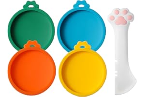 Joyinjojo Cat Food Can Lids with Cat Food Spoon, 4 Pack Small Silicone Pet Food Can Covers Lids for Cat Food Cans 3 oz, Multi-Functional Cat Spoon Can Opener Spatula for Canned Wet Food