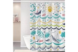 Uiiooazy Cartoon Sea Fishes Shower Curtain for Bathroom Clouds Sun Waterproof Fabric Bathtub Curtains Rain Boat Cartoon Wave Bathroom Decoration for Kids Shower Curtains with Hooks 65x72 inches
