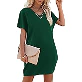 Amoretu Short Sleeve V Neck Mini Dresses Loose Fit Trendy Tunic Dress for Women with Pocket
