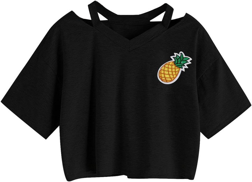 ZhixiaYS Women Teen Girls Cute Planet Print Summer Cut Out Shoulder Short Sleeve Crop Tops Tee Shirts