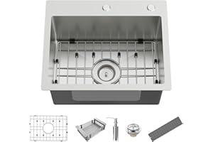 KOARDINK Kitchen And Bar Sink, 20x16 Inch Stainless Steel Drop In Modern Single Bowl Topmount Kitchen And Bar Sink Combo-SS Grid,Silicon Mat,Drain Strainer Set Compatibility With Various Kitchen&Bar Style