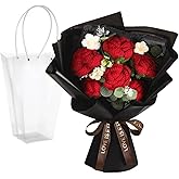 Homaisson Crochet Flower Bouquet with Gift Bag, Handmade Polyester Knit Floral Arrangement, Artificial Rose with Green Leaves and Ribbons, Gifts for Mother's Day Valentines Day Birthday