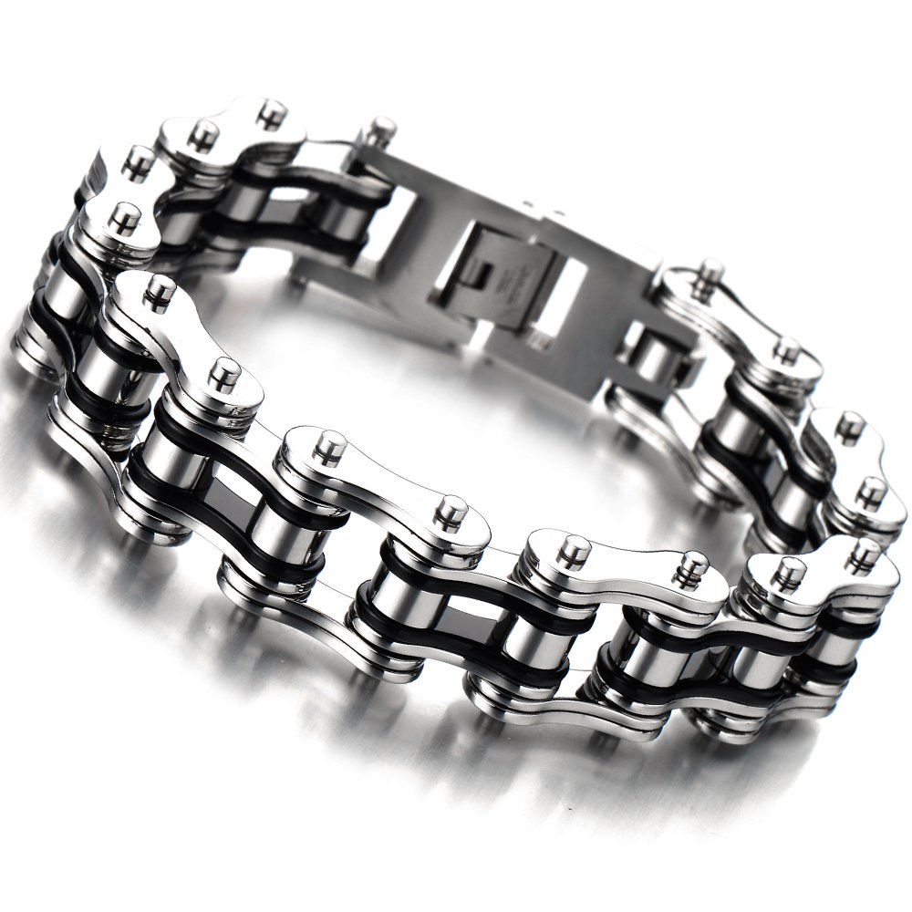 COOLSTEELANDBEYOND Masculine Mens Bike Chain Bracelet of Stainless Steel Silver Black Two-Tone High Polished