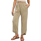 Quenteen Womens Wide Leg Pants Elastic Waisted Cropped Casual Pants with Pockets Harem Pants