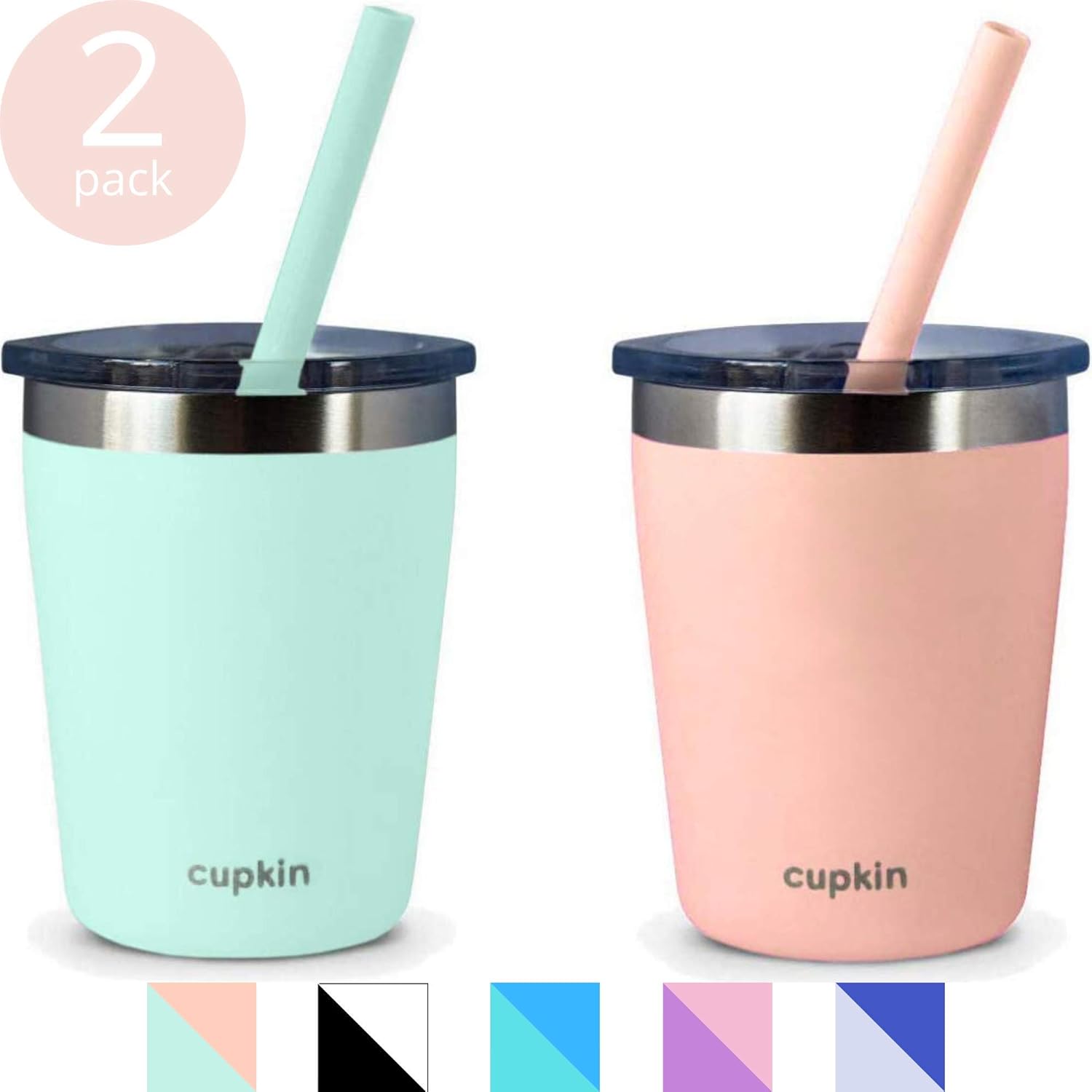 Stackable Stainless Steel Cups for Toddlers & Kids (EASY to Clean) - Set of 2 Powder Coated 8 oz Vacuum Insulated Tumblers, 2 Non BPA Lids and 2 Food Grade Reusable Silicone Straws (Peach + Green): Kitchen & Dining