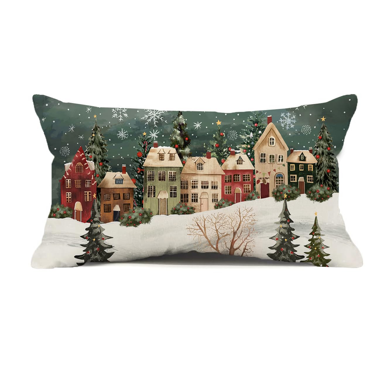 Photo 1 of Winter Lumbar Decorative Rectangle Pillow Cover 12 x 20, Wonderland Forest House Snowflake Vintage Porch Outdoor Pillowcase, Christmas Holiday Seasonal Farmhouse Cushion Case Home Decor