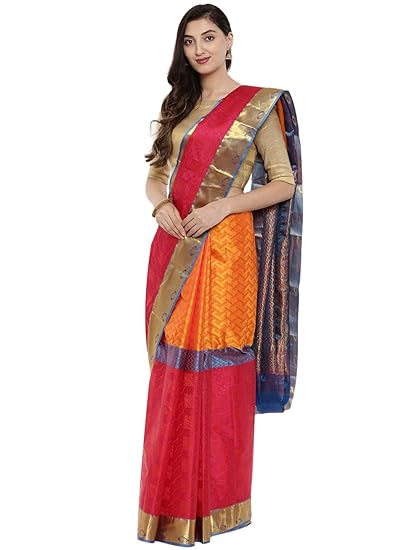 Womens Traditional Kanjivaram Silk Saree with Blouse (Orange and Pink)