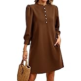 Wenrine Womens 3/4 Puff Sleeve Mini Dress Button Crewneck Elegant Casual Business Shift Dresses 2025