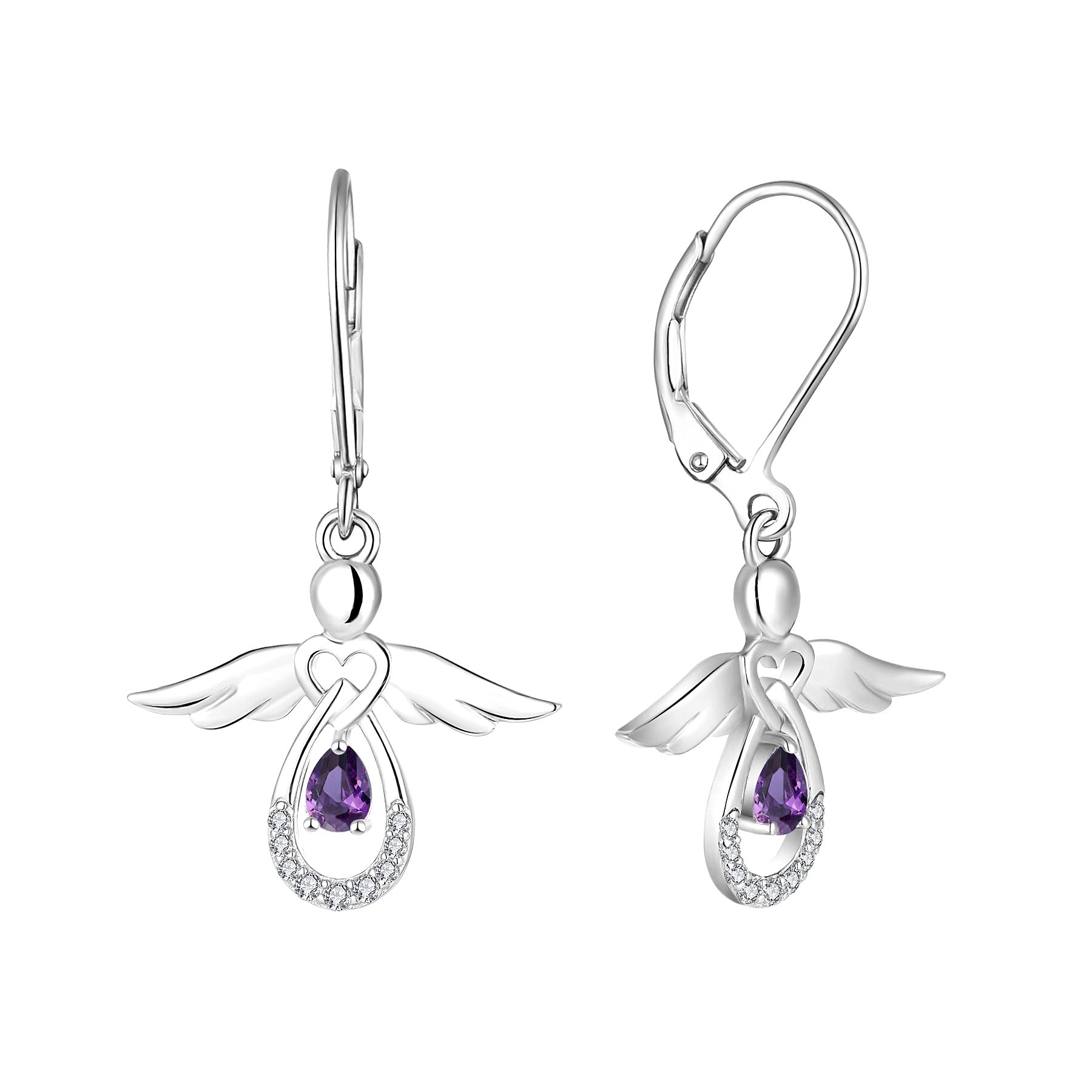 FJ Guardian Angel Earrings 925 Sterling Silver Leverback Dangle Drop Earrings Amethyst February Birthstone Jewellery for Women