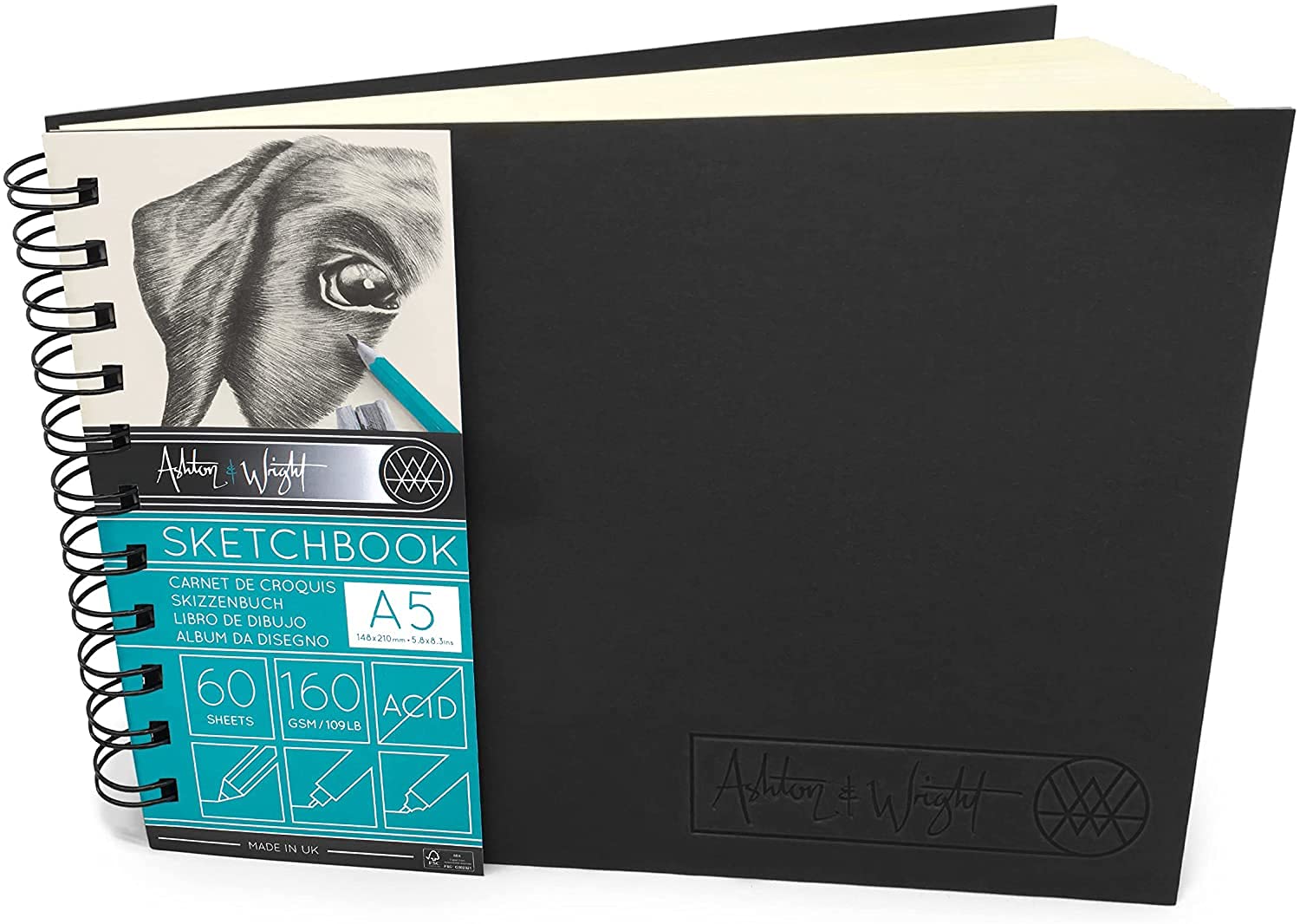 Ashton and Wright - A5 Classic Ivory Hardback Spiral Bound Sketchbook - 160gsm Paper - 60 Sheets