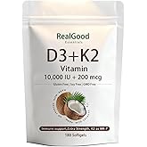 Elunara Real Good Essentials Vitamin D3 K2,RealGood Essentials Vitamin D3 10,000 IU + K2 MK-7 200 mcg, 180 Softgels | Easy to Swallow, Non-GMO