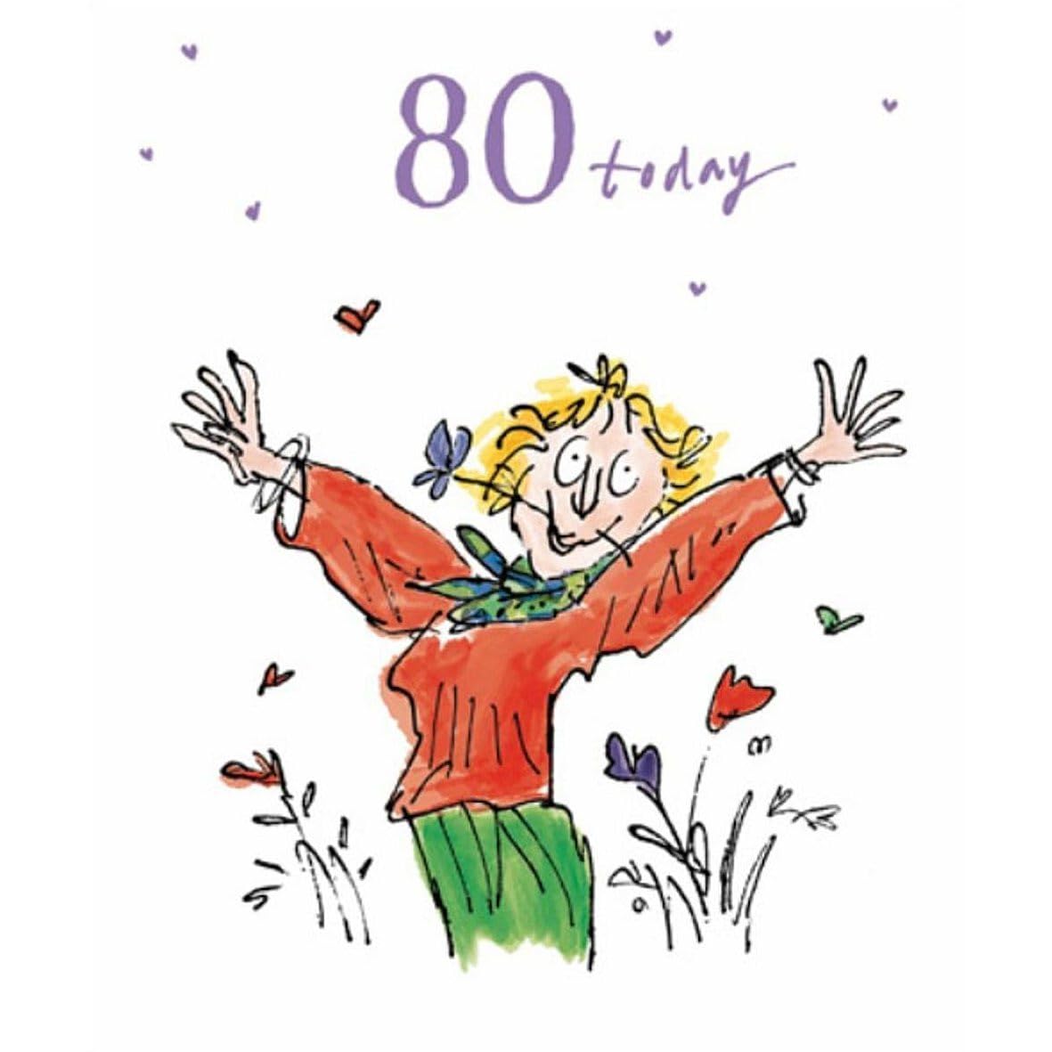 Age 80 Birthday Card - (WDM-423345) - Woman With Flowers - From The Quentin Blake Range