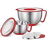 HAPPY KIT 18/8 Mixing Bowls with Lids Set of 2,Stainless Steel Mixing Bowl with Pour Spout, Non-slip Handle and Bottoms, 3 Grater Attachments, Measurement Marks & Lid, Size 5, 3QT(Red)