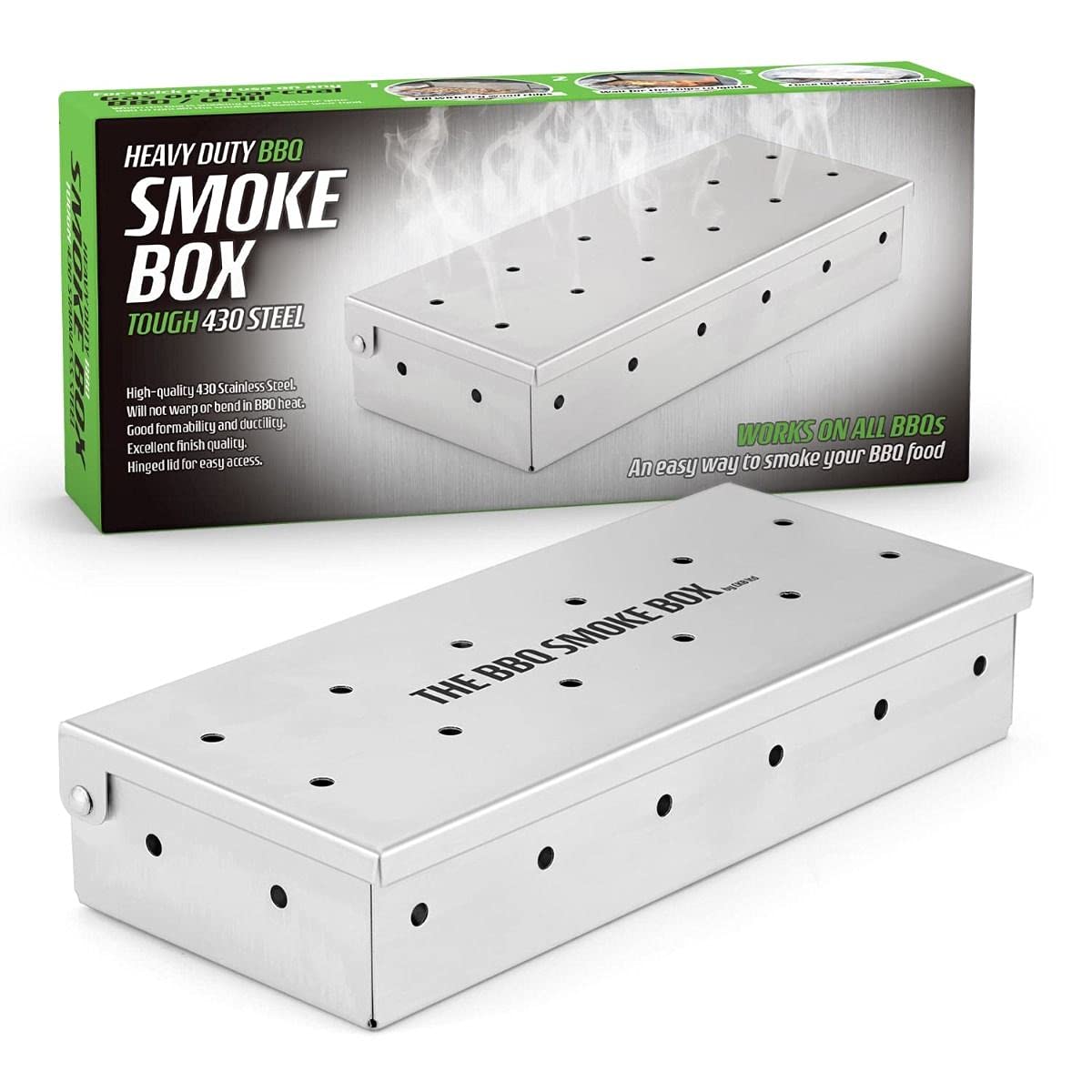 BBQ Wood Chip Smoke Box By CKB LTD Heavy Duty Stainless Steel Barbecue Smoker Metal Outdoor Cooking Accessories Universal Smokers for Gas and Charcoal Grilling Add Smokey Flavour to Grilled Meat