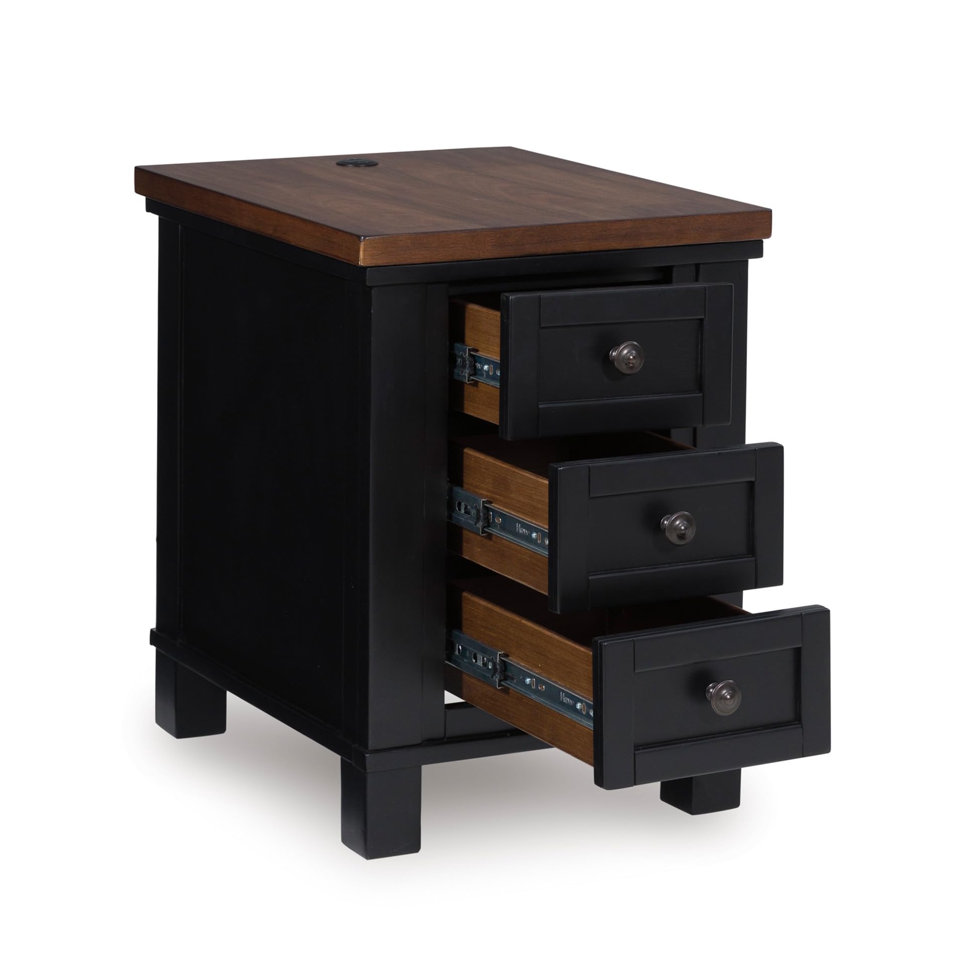 Signature Design by Ashley Wildenauer Modern Farmhouse 3-Drawer Chairside End Table with USB Ports, Butcherblock Veneer Top, Light Brown & Black Base, Dark Pewter Finish Hardware, Height 24" Image