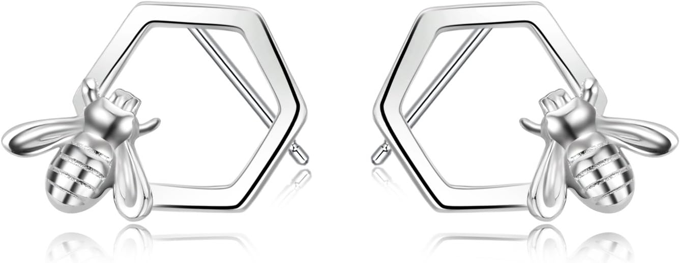 Honeycomb with Bee Stud Earrings 925 Sterling Silver Beehive and Bee Earrings for Women