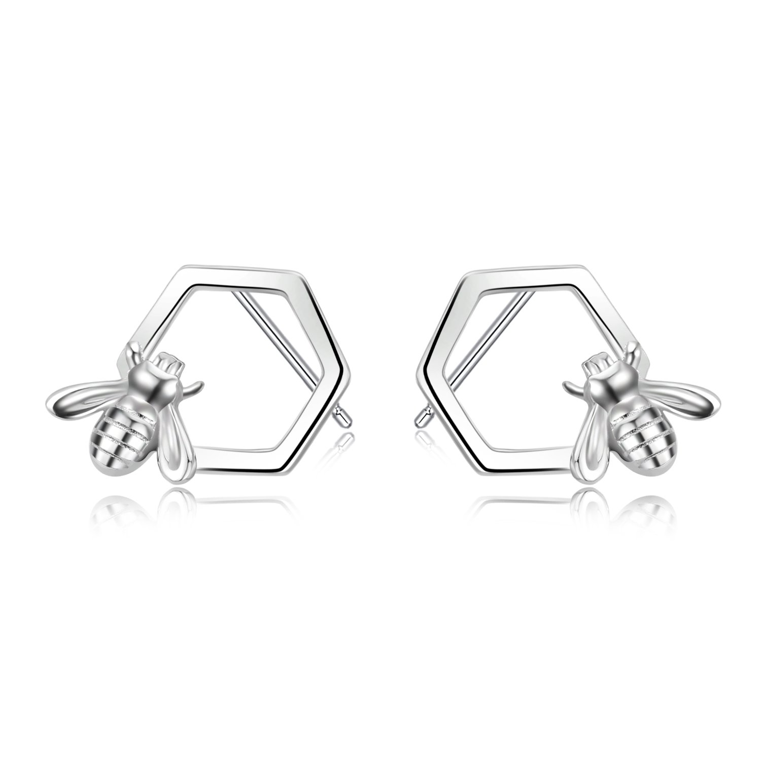 Bee Stud Earrings Sterling Silver Honey Bumble Bee Comb Studs Gifts for Women Girls (Bee stud earrings-silver)