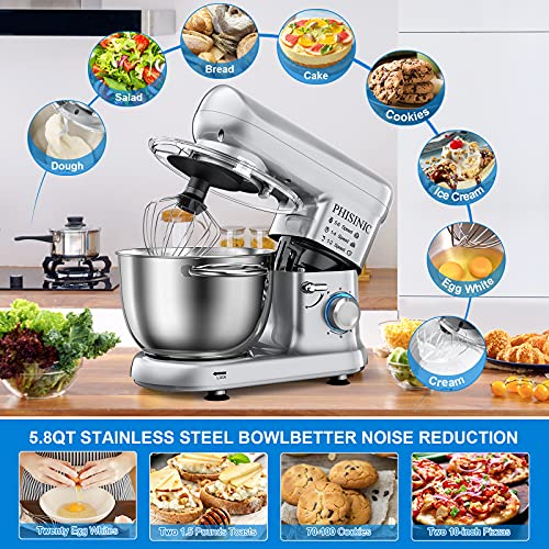 PHISINIC Stand Mixer, 5.8-QT 660W Electric Kitchen Mixer, 6-Speed Tilt-Head Household Stand Mixer, Kitchen Food Mixer with Dough Hook, Wire Whip and Beater, for Baking, Cake, Cookie, Kneading (Silver)