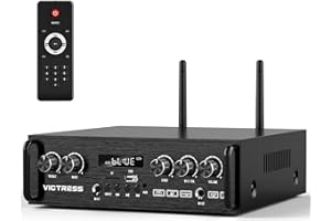 VICTRESS 2 Channel Bluetooth Amplifier with 2 HiFi Speakers & Wireless Microphone System, 450W Stereo Audio Receiver with UHF Mics, Bass/Treble, FM, TWS, USB/TF – for Home Karaoke, Church, Meeting