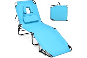 GYMAX Tanning Chair, 350lbs Beach Lounge Chair with Face Hole, Washable Pillow & Carry Strap, Adjustable Folding Chaise Lounge, Layout Lounger for Outside, Patio, Poolside, Lawn (1, Arctic)