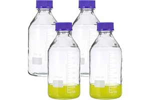 PATIKIL 4 Pack Reagent Media Storage Bottles, 1000ml Borosilicate Glass Graduated Round Bottles with GL45 Blue Screw Cap for 