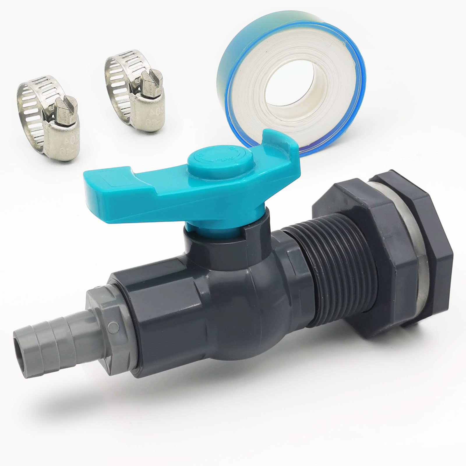 Photo 1 of Qitdathn Rain Barrel Spigot PVC Faucet Kit Water Barrel Diverter Kit with Bulkhead Fitting,Ball Valve,Garden Hose Barb(20mm) Adapter,Pipe Clamps,Thread Seal Tape(kit for 20mm ID Hose)