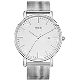 BUREI Men Watches Brown Leather Fashion Minimalist Wrist Watch Simple Ultra Thin Waterproof Quartz Watches All Black Stainless Steel Mesh Band,Gift for Men Women