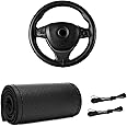 Gasedin Genuine Leather Steering Wheel Cover, Stitch On Wrap for Steering Wheel up to Diameter 15 Inches, DIY Sewing Steering Wheel Protector, Car Accessories (Black, with Pore)