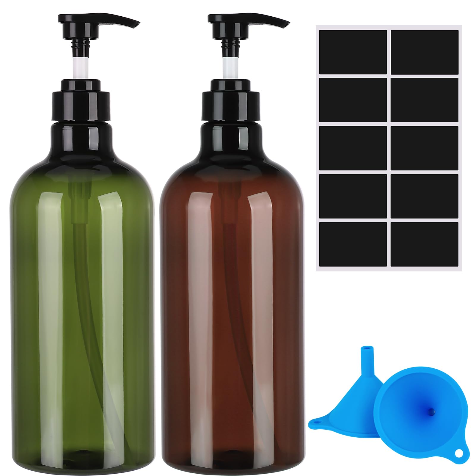 Pump Bottle Dispenser,2 Pcs 1000ml/35oz Refillable Empty Press Pump Bottles,Refillable Plastic Empty Pump Bottles Dispensers with Funnel and Label for Lotions,Shampoo,Conditioner,Green,Brown
