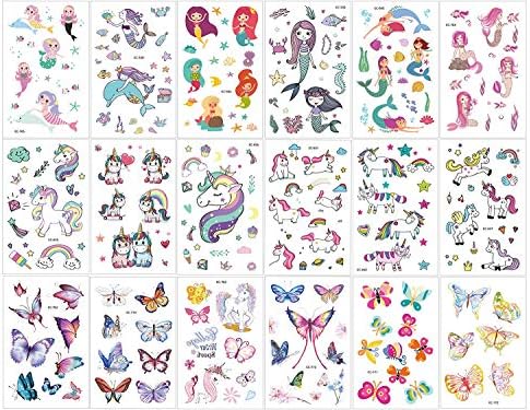 OMLEE Unicorn Temporary Tattoos for Kids 18 Sheet, Mermaid Butterfly Temporary Tattoos for Girl Birthday Sticker Party Supplies Favors Accessories Goodie Bag Stuffers Party Fillers Gift - Over 300