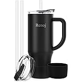 Renoj Tumbler with Handle 100% Leak Proof Insulated Water Bottle for Iced Coffee & Hot Drinks - Fits Car Cup Holder, Ideal Gift, 2 Straws & Silicone Boot BPA-Free - SnapShift Black 32 oz