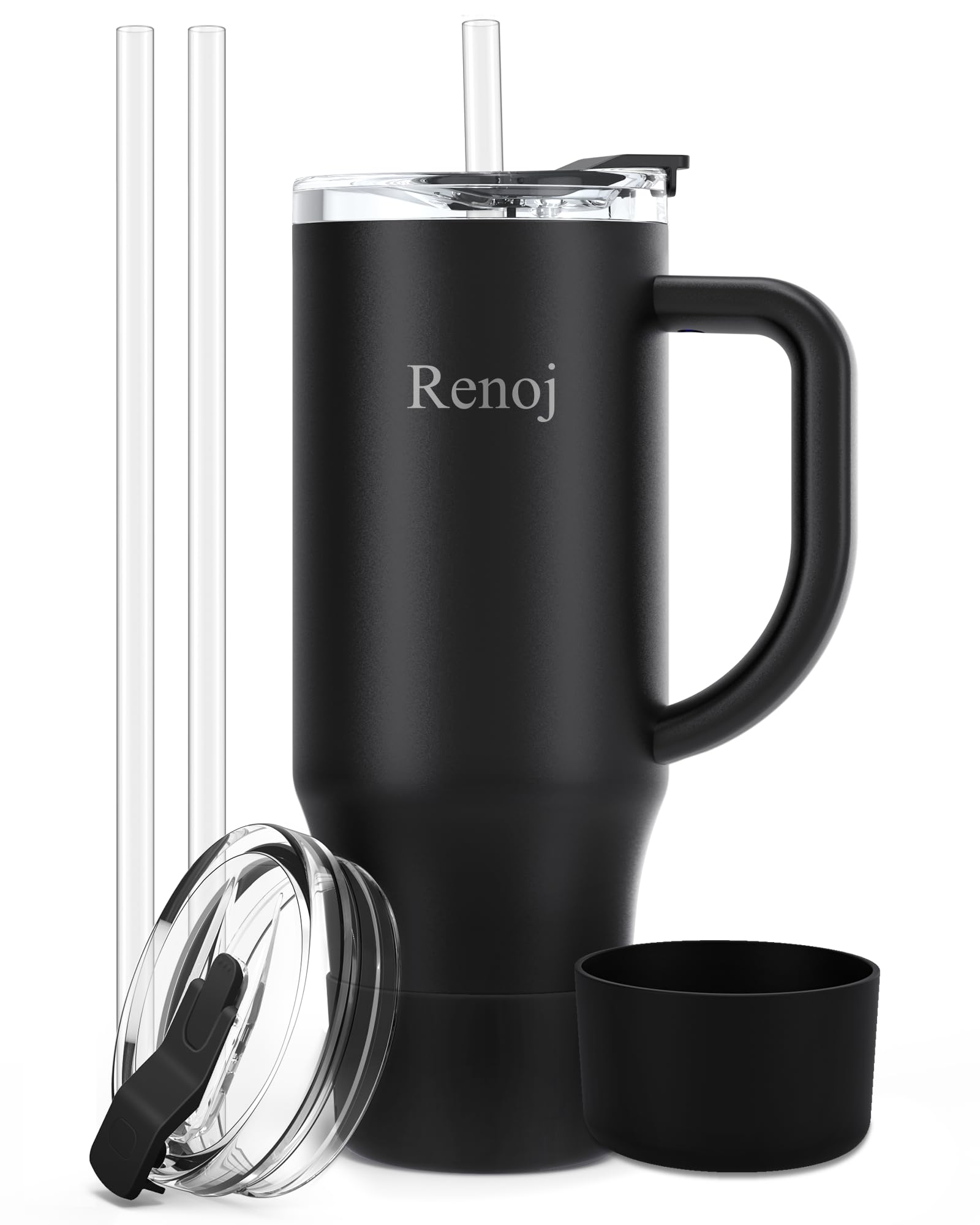 Renoj Tumbler with Handle 100% Leak Proof Insulated Water Bottle for Iced Coffee & Hot Drinks - Fits Car Cup Holder, Ideal Gift, 2 Straws & Silicone Boot BPA-Free - SnapShift Black 32 oz Image