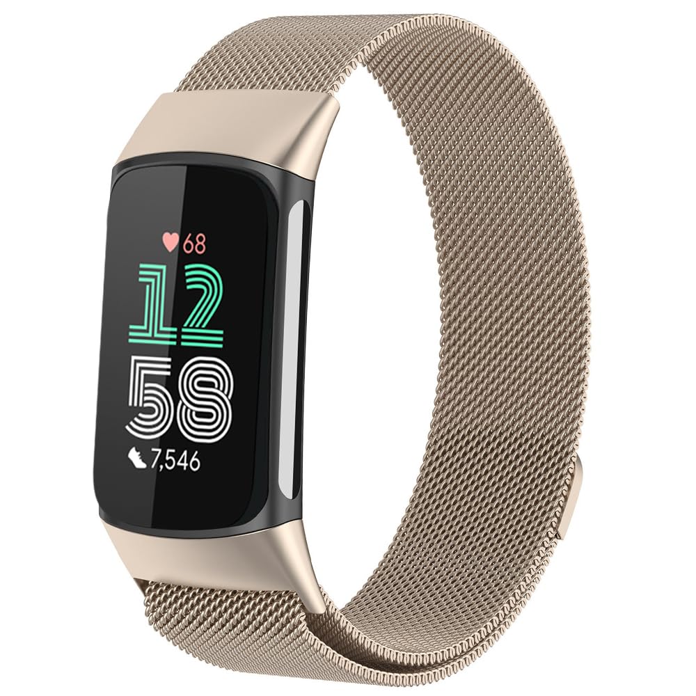 Moydolo Compatible with Fitbit Charge 5 Charge 6 Strap Women Men Girls Boys, Stainless Steel Metal Mesh Adjustable Magnetic Lock Loop Replacement Wristband for Charge 5/6 Band